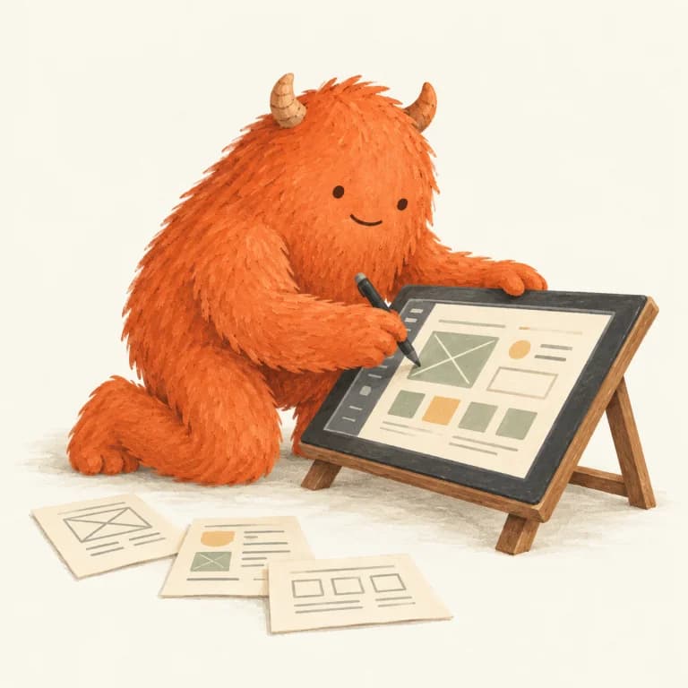The orange monster kneeling beside a drawing tablet and shaping an interface with a stylus.