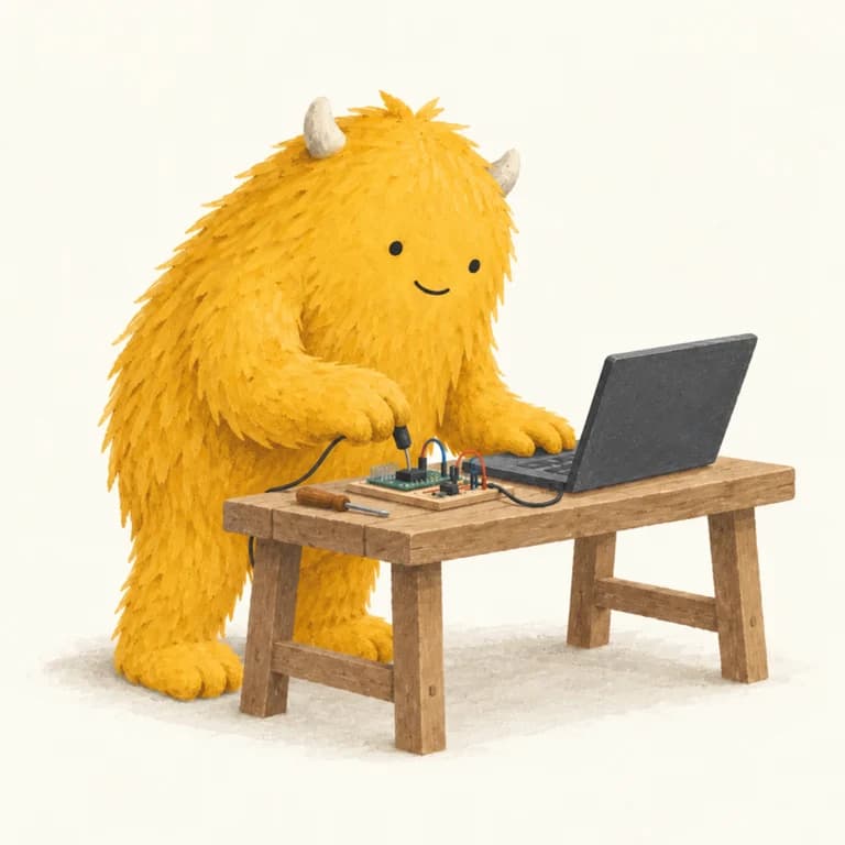 The yellow monster testing an electronic prototype beside a laptop at a wooden workbench.